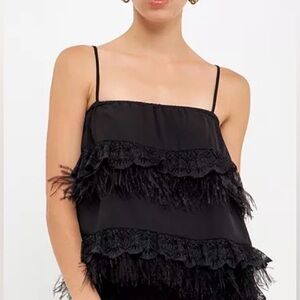 Endless Rose NWT Black Lace and Feather Tiered Boxy Sleeveless Camisole Top